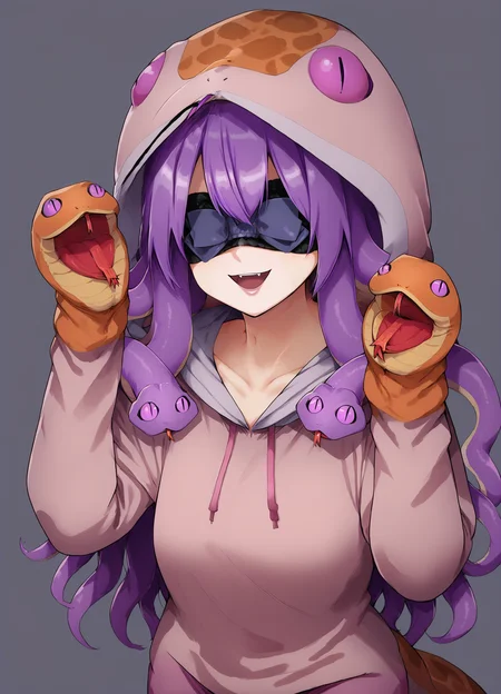 aesthetic, score_9, score_8_up, score_7_up, 32k,BREAK absurdres, simple background
medusa slave, snake hair, monster girl, gorgon, long hair, purple hair, mature female, solo
open mouth, smile, fang, blindfold BREAK
SnakeCostume, tongue, fang, hood, tongue out, hoodie, :p, pajamas, animal hood, animal costume, slit pupils, forked tongue, hands up, puppet, hand puppet
<lora:medusa_slave-v2-pony:1>,  <lora:Pony_DetailV2.0:1> <lora:age_slider_v4:1>,  <lora:SnakeCostume:1>,  <lora:snake-hair-ponyxl-lora-nochekaiser:1>