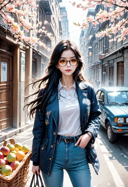 1girl, detailed face, solo, long hair, looking at viewer, black hair, long sleeves, holding, standing, jacket, outdoors, parted lips, food, glasses, day, pants, bag, from side, lips, coat, petals, fruit, denim, ground vehicle, building, black-framed eyewear, jeans, city, realistic, nose, basket, road, street, blue coat, alley