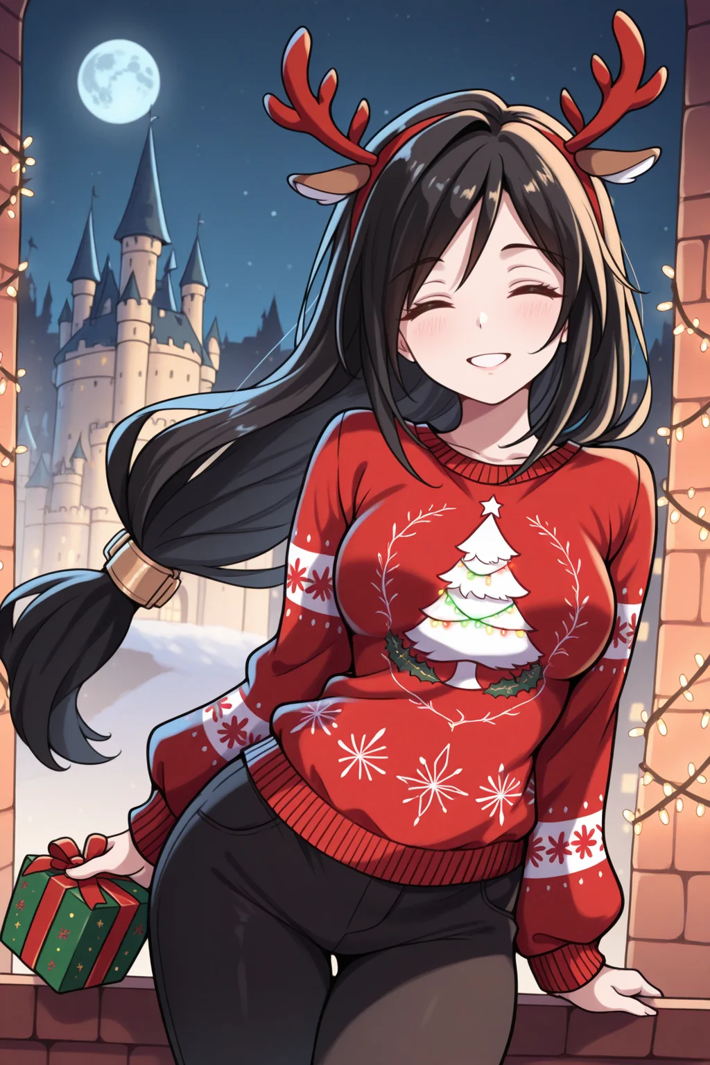 masterpiece, best quality, 1girl, solo, <lora:ffgarnet-illu-nvwls-v1_1-000007:1> ffixgarnet, black hair, low-tied long hair, medium breasts, fake antlers, christmas lights, castle, night, moon, looking at viewer, happy, red sweater, christmas sweater, black pants, hips, holding gift box, closed eyes