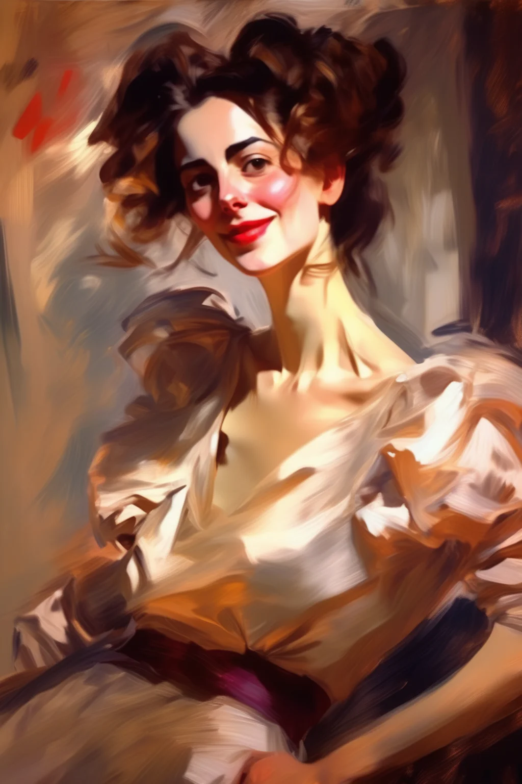 <lora:Lovis Corinth Style:1>Lovis Corinth Style - A portrait of a good looking woman with flirting attitude painted in the style of John Singer Sargent.. Oil on canvas. Dynamic lighting