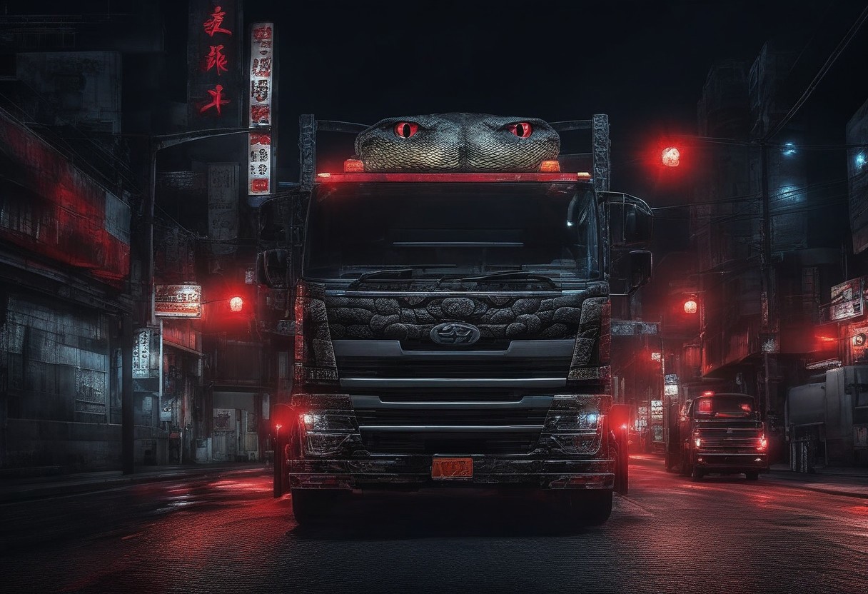 (masterpiece, best quality), highly detailed, ultra-detailed, (night), (city highway), (large truck), (truck bed side:1.3), (japanese tattoo style:1.4), (evil snake:1.5), (serpent scales), (detailed scales), (snake fangs), (glowing red eyes), (menacing), (dark color scheme), (headlights on), (streetlights:1.2), (motion blur:0.8), (high speed), (asphalt road), (reflections), (night atmosphere),Japanese truck