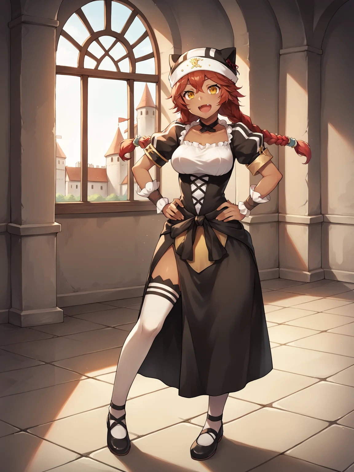 score_9, score_8_up, score_7_up, score_6_up, score_5_up, score_4_up, BREAK, source_cartoon, source_anime, 1girl, solo, lupusregina, red hair, long hair, twin braids, yellow eyes, dark skin, choker, dress, hat, white thighhighs, full body, hands on hips, open mouth, fang, looking at viewer, indoors, old castle background <lora:LupusReginaXL:1>