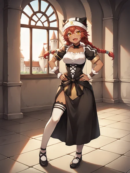 score_9, score_8_up, score_7_up, score_6_up, score_5_up, score_4_up, BREAK, source_cartoon, source_anime, 1girl, solo, lupusregina, red hair, long hair, twin braids, yellow eyes, dark skin, choker, dress, hat, white thighhighs, full body, hands on hips, open mouth, fang, looking at viewer, indoors, old castle background <lora:LupusReginaXL:1>