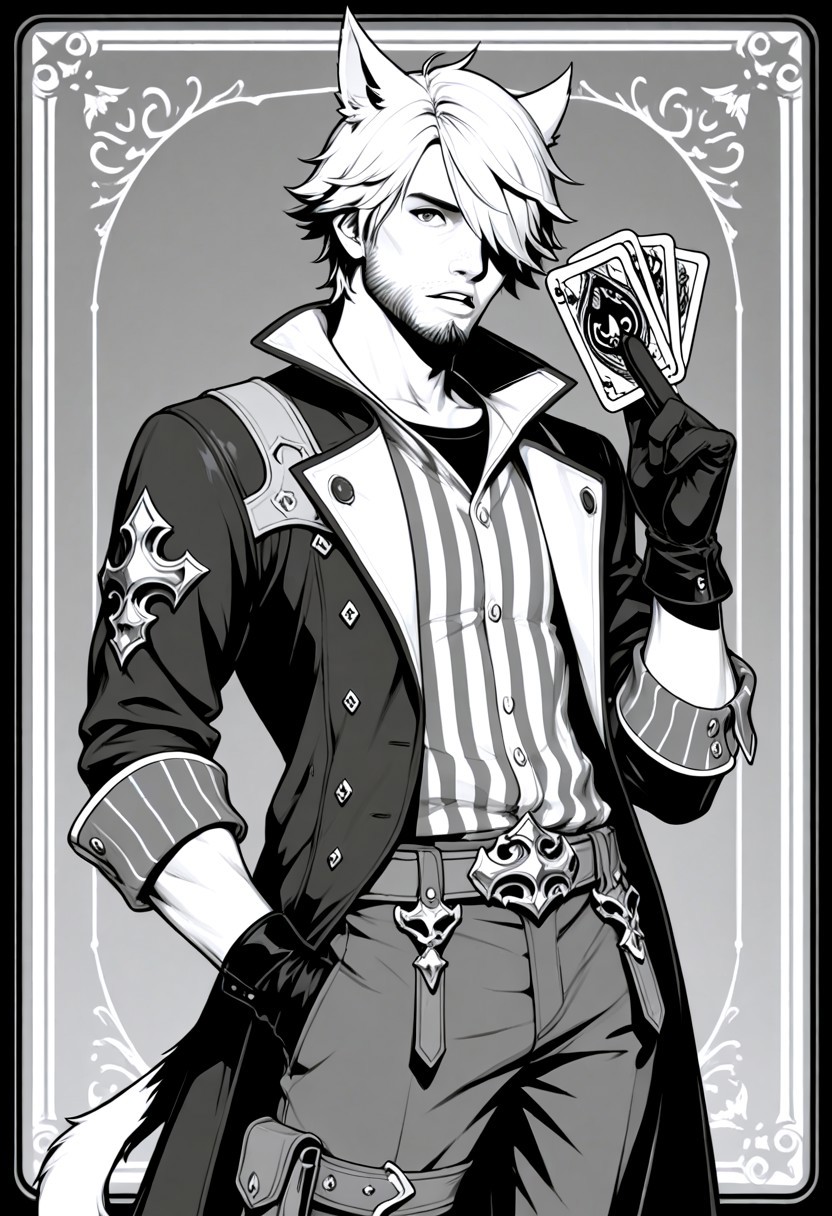 masterpiece, best quality, 1LLUSMJ7, 1boy, male focus, solo, facial hair, gloves, holding, animal ears, hand in pocket, hair over one eye, card, cat ears, miqo'te, cat boy, short hair, jacket, black gloves, jewelry, cowboy shot, belt, beard, monochrome, looking at viewer, parted lips, striped, stubble, pants, shirt