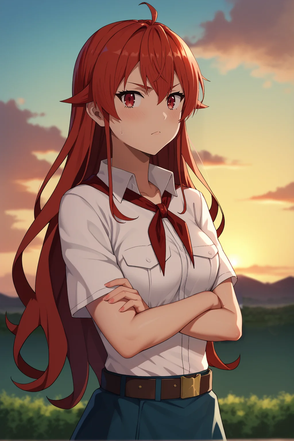 score_9,score_8_up,score_7_up,score_6_up,<lora:eris-boreas-greyrat-s1-ponyxl-lora-nochekaiser:0.7>,eris boreas greyrat,red hair,long hair,eris greyrat,red eyes,1girl,medium breasts,breast_pocket,cowboy_shot,sky,cirrus,
white collared shirt,short sleeves,red neckerchief,neckerchief,belt,blue skirt,sunset,warm light,cozy,sky,clouds,amazing background,outdoors,blurry,blurry background,<lora:Everlasting_Summer_Vanilla_Art_Style_by_GraffMetal:1>,((arms_crossed)),looking_at_viewer,light_blush,