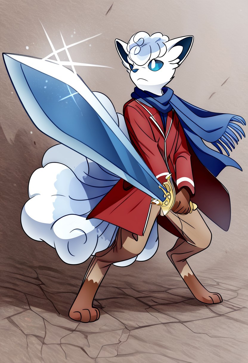 male Alolan Vulpix, anthro, long legs, brown pants, red coat, blue scarf, brave-perspective, holding sword, rapier