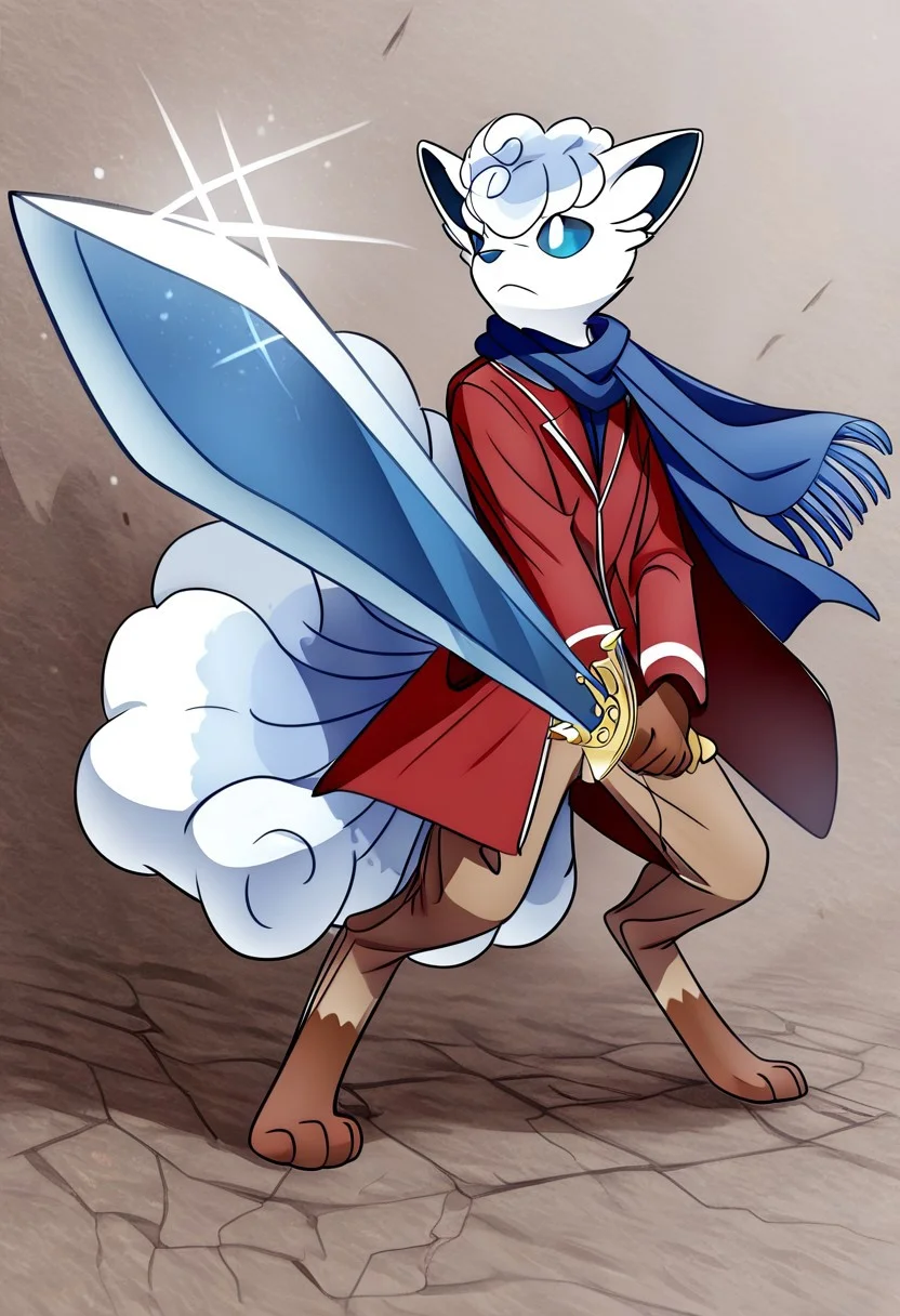 male Alolan Vulpix, anthro, long legs, brown pants, red coat, blue scarf, brave-perspective, holding sword, rapier