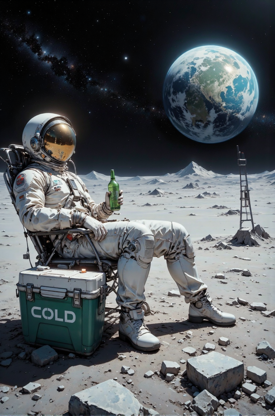 The image is a digitally created CGI scene depicting a lone astronaut relaxing on the Moon's surface. The astronaut, positioned in the foreground, is lying on a metallic chair, wearing a white spacesuit with a reflective gold visor covering their eyes. The spacesuit has various textures and seams, giving it a realistic appearance. The astronaut is holding a green bottle in their right hand, suggesting they might be enjoying a drink. Their left leg is propped up on a green, rectangular cooler box with white lettering that reads "COLD," implying it holds drinks or other chilled items.
The background features the vast, barren expanse of the Moon's surface, with its gray, rocky terrain and numerous craters. In the distance, the Earth is visible, partially illuminated by sunlight, showing its blue and green continents and white clouds. The Earth appears to be in the right half of the image, while the Moon's horizon is at the center. Above the Earth, the dark expanse of space is dotted with countless stars, creating a sense of vastness and isolation. To the right, a small, metallic ladder is leaning against the Moon's surface, suggesting a recent landing or exploration. The scene combines elements of realism and surrealism, creating a striking and imaginative depiction of space travel.
 <lora:DarksunRIDDV3:0.5> <lora:flux_hyperkraximalism-balanced:0.5> <lora:Midjourney_-_SemiReal_Dreams_FLUX_LoRA:0.5> <lora:CPA:0.5> <lora:Anime_realistic_v2:0.5> Realistic anime style <lora:BLUE_mk4_angel_FLUX_01:0.5>