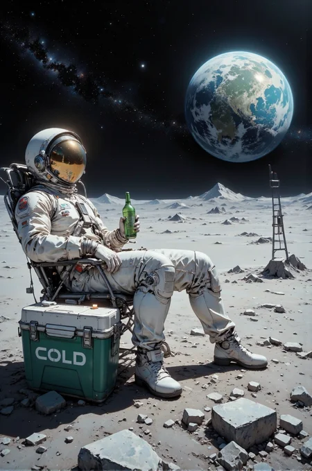 The image is a digitally created CGI scene depicting a lone astronaut relaxing on the Moon's surface. The astronaut, positioned in the foreground, is lying on a metallic chair, wearing a white spacesuit with a reflective gold visor covering their eyes. The spacesuit has various textures and seams, giving it a realistic appearance. The astronaut is holding a green bottle in their right hand, suggesting they might be enjoying a drink. Their left leg is propped up on a green, rectangular cooler box with white lettering that reads "COLD," implying it holds drinks or other chilled items.
The background features the vast, barren expanse of the Moon's surface, with its gray, rocky terrain and numerous craters. In the distance, the Earth is visible, partially illuminated by sunlight, showing its blue and green continents and white clouds. The Earth appears to be in the right half of the image, while the Moon's horizon is at the center. Above the Earth, the dark expanse of space is dotted with countless stars, creating a sense of vastness and isolation. To the right, a small, metallic ladder is leaning against the Moon's surface, suggesting a recent landing or exploration. The scene combines elements of realism and surrealism, creating a striking and imaginative depiction of space travel.
<lora:DarksunRIDDV3:0.5> <lora:flux_hyperkraximalism-balanced:0.5> <lora:Midjourney_-_SemiReal_Dreams_FLUX_LoRA:0.5> <lora:CPA:0.5> <lora:Anime_realistic_v2:0.5> Realistic anime style <lora:BLUE_mk4_angel_FLUX_01:0.5>