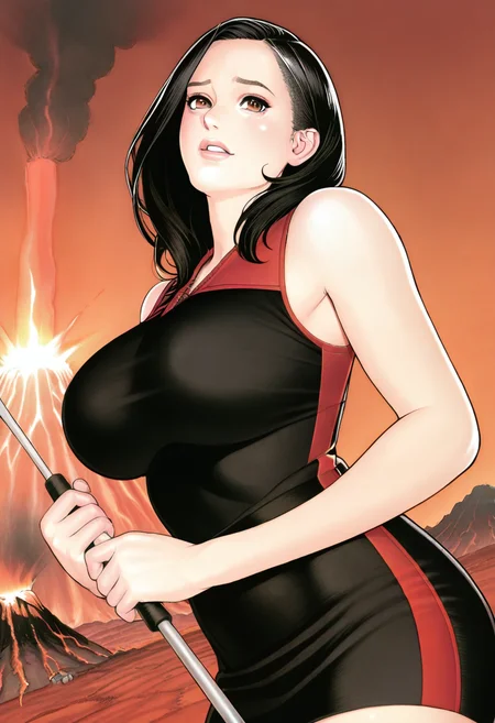 masterpiece, best quality, amazing quality, 1girl, solo, large breasts, Pretending to swing a golf club, from_below, Red-violet gold trim, medium hair, crew cut, Soft Black hair, volcano, wide_shot, <lora:Illustrous\izayoi_seishin_IL:1.0>