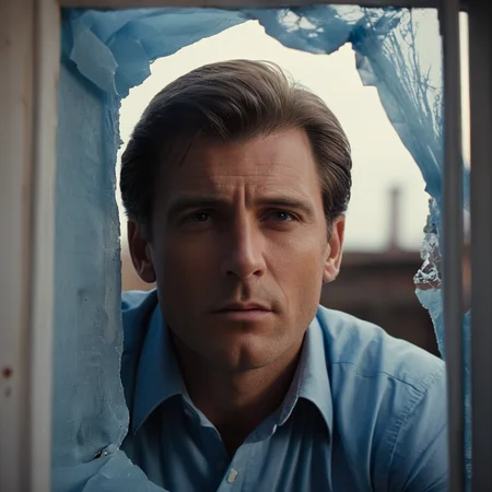 cinematic film still of <lora:James Bond 007 style:0.9> detailed sharp image of
a man in a blue shirt looking at the camera from a broken window hole,solo,looking at viewer,brown hair,1boy,closed mouth,male focus,blurry,portrait,realistic,real life insert , dramatic light, dramatic shadow light, contrast, cinematic color, cinematic look, filmic, realistic, realism, perfection, perfect, Kodak, Kodak film, movie still, spy film, action themed, espionage, James Bond style, James Bond film style, 007 style, 007 film style, shallow depth of field, vignette, highly detailed, high budget, bokeh, cinemascope, moody, epic, gorgeous, film grain, grainy