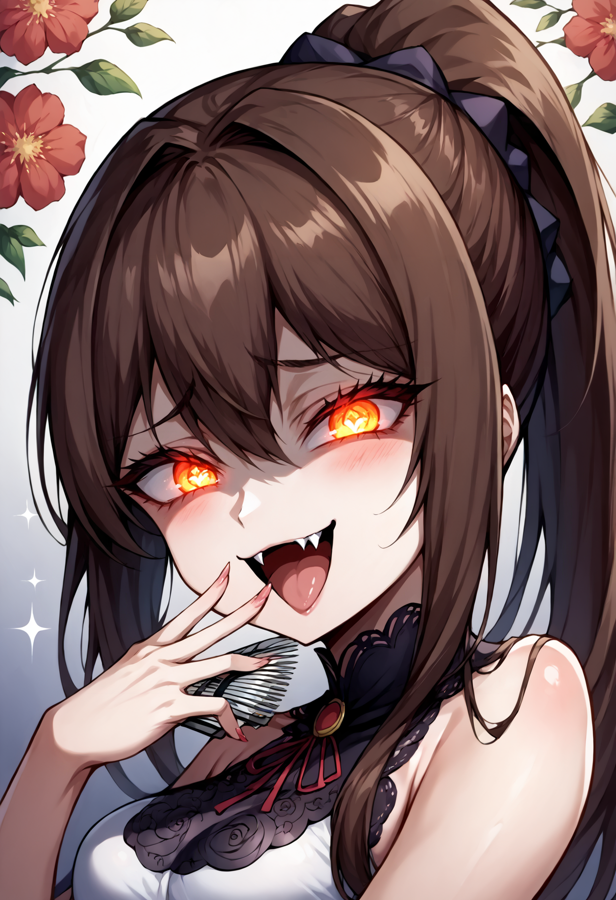 score_9, score_7_up,  source_anime, uncensored, zPDXLxxx, <lora:intricate_details:1> intricate_details_xl, gradient background, (demonic:1.25) floral background, panorama
1girl, solo, adult, ojou-sama pose, brown hair, ponytail, very long hair, hair over eyes, comb over, crazy eyes, glowing eyes,  sparkling eyes, looking at viewer, Haik,  <lora:Mesugaki_Concept_v1.1:1> mesugaki, smug, skin fang, hand to own mouth