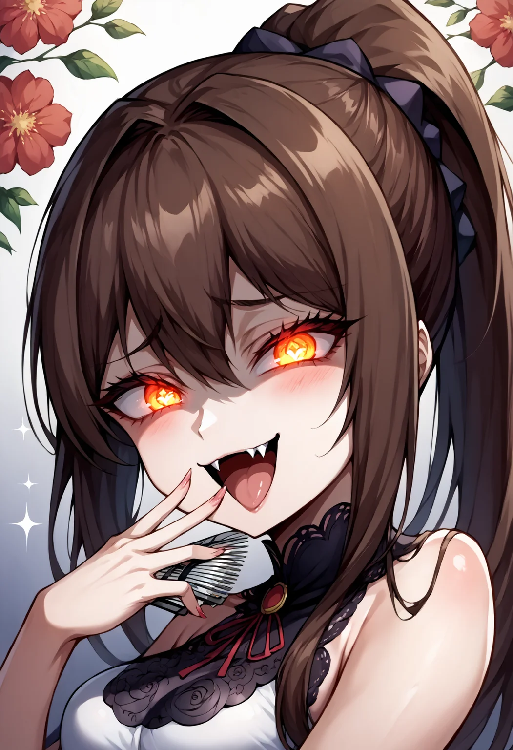 score_9, score_7_up, source_anime, uncensored, zPDXLxxx, <lora:intricate_details:1> intricate_details_xl, gradient background, (demonic:1.25) floral background, panorama
1girl, solo, adult, ojou-sama pose, brown hair, ponytail, very long hair, hair over eyes, comb over, crazy eyes, glowing eyes, sparkling eyes, looking at viewer, Haik, <lora:Mesugaki_Concept_v1.1:1> mesugaki, smug, skin fang, hand to own mouth