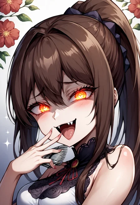 score_9, score_7_up, source_anime, uncensored, zPDXLxxx, <lora:intricate_details:1> intricate_details_xl, gradient background, (demonic:1.25) floral background, panorama
1girl, solo, adult, ojou-sama pose, brown hair, ponytail, very long hair, hair over eyes, comb over, crazy eyes, glowing eyes, sparkling eyes, looking at viewer, Haik, <lora:Mesugaki_Concept_v1.1:1> mesugaki, smug, skin fang, hand to own mouth