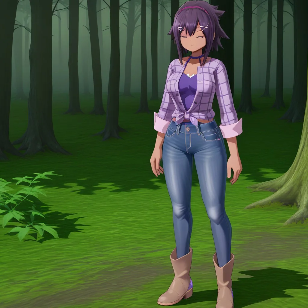 high quality, absurd resolution, 4k, score_7_or_higher, good eyes, vivid image,
1girl, himari_digimon, tan skin, purple hair, purple eyes, flannel shirt, jeans, brown boots
forest, digital artifacts, large capacitors,