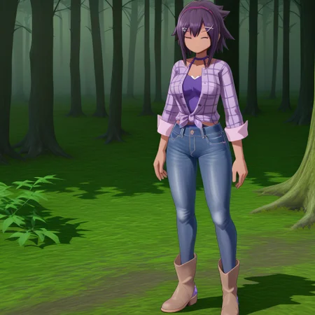 high quality, absurd resolution, 4k, score_7_or_higher, good eyes, vivid image,
1girl, himari_digimon, tan skin, purple hair, purple eyes, flannel shirt, jeans, brown boots
forest, digital artifacts, large capacitors,