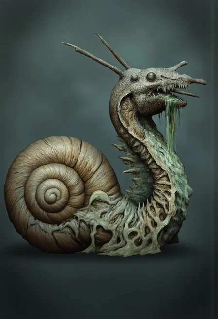 MikeFranchinastyle, berserk style, Surreal art, d4artstyle, d4concept, , made of clay, Kentaro Miura, ZBClay model of a gray sculpture
a monstrous snail-lizard hybrid with a blend of reptilian aggression and snail-like adaptability. The creature has a slimy, muscular body that coils like a serpent’s, ending in a large, spiral shell on its back, which provides a hardened, protective structure. Its head is distinctly lizard-like, with a wide, gaping mouth filled with sharp, needle-like teeth that ooze a viscous green slime. The creature’s long, forked tongue lashes out menacingly, suggesting a venomous or toxic nature.
Two protruding eye stalks extend from the top of its head, each ending in a bulbous, alert eye that gives it an eerie, watchful presence. Its skin is slick, covered in a mix of scales and slimy, green mucus, allowing it to move with unsettling fluidity while leaving a toxic trail behind. The underbelly is ribbed and segmented, allowing it to contract and expand as it slithers forward. This creature embodies a dangerous mix of a lizard’s predatory instincts with the snail’s resilience, appearing both adaptable and deadly as it lurks in dark, damp environments.
Set against a solid color background to emphasize its unnatural form and grotesque anatomy. Background is fog-covered darkness tone that emphasizes its silhouette.
The medium is not a traditional painting or illustrative medium like watercolor or ink but rather a digital rendering, eerie and unsettling.