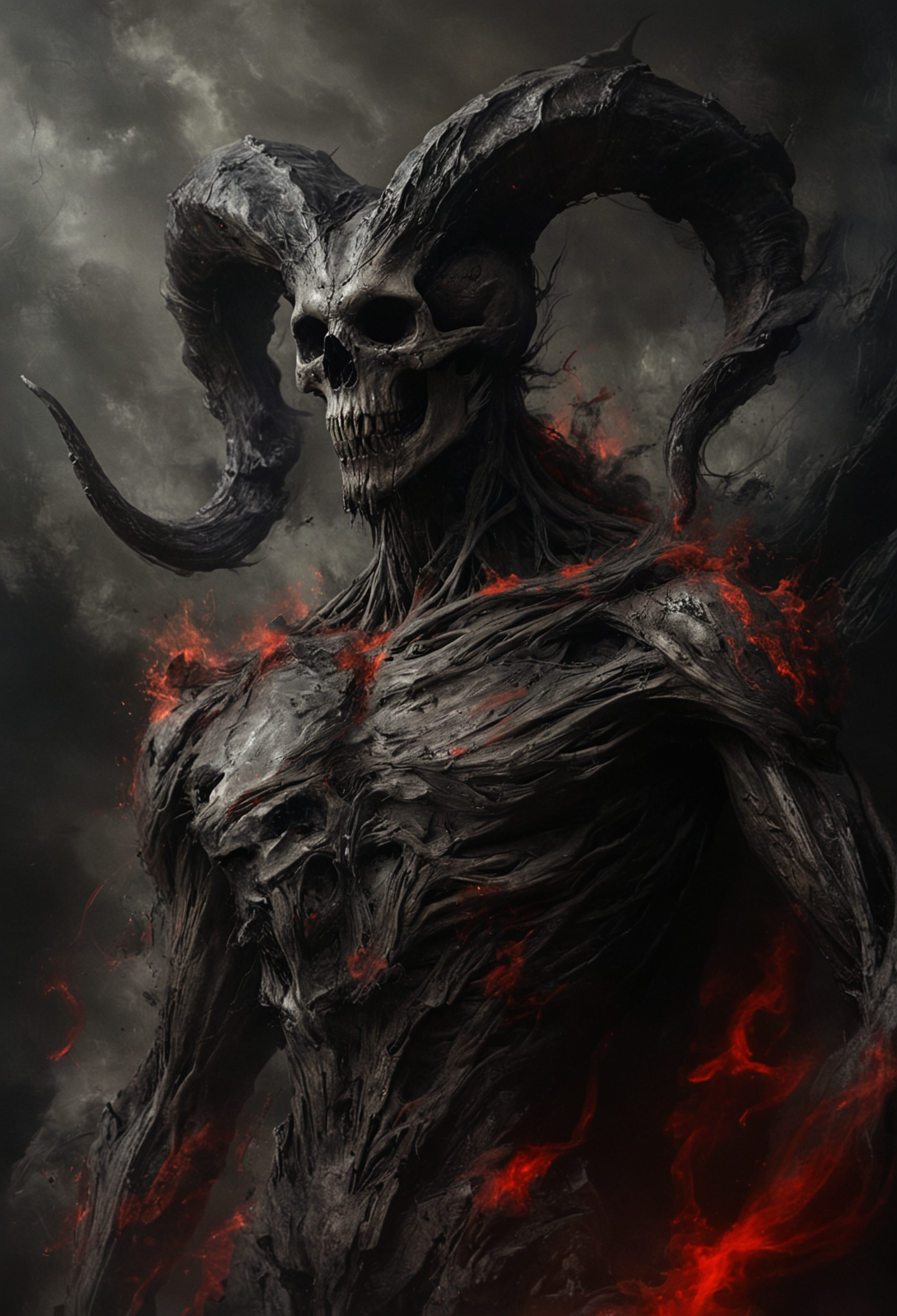 A towering creature with an ominous skull-like visage and long twisting horns emerges from the shadows, its muscular humanoid form is composed of dark greys and blacks, with stark accents of vivid red where the figure appears to disintegrate into embers and ashes, all against a moody backdrop of swirling dark reds, <lora:NicolaSamori:0.6>, <lora:Into_Darkness:0.4>, <lora:MJ52:0.3>
