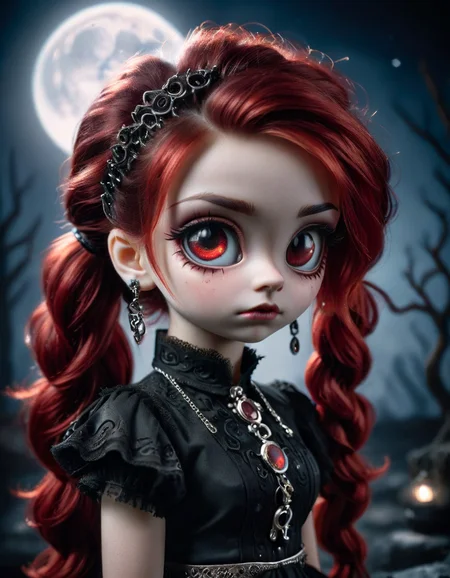 (dark:1.4), deep shadow, darkness, (moonlight:1.3), award winning photo, extremely detailed, amazing, fine detail, absurdres, highly detailed woman, extremely detailed eyes and face, piercing red eyes, detailed clothes, skinny, (gothic), twintails, bangs, frills, skirt,red hair, by lee jeffries nikon d850 film stock photograph 4 kodak portra 400 camera f1.6 lens rich colors hyper realistic lifelike texture dramatic lighting unrealengine trending on artstation cinestill 800 tungsten, Style-Neeko made out of ral-bling <lora:ral-ltlpowny:1>