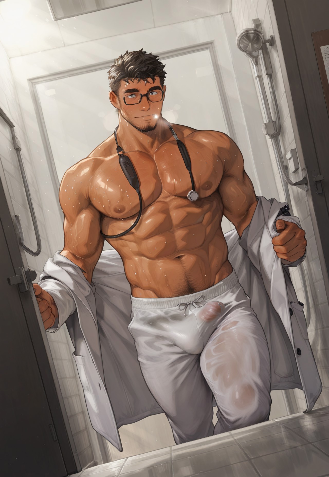 best quality,highres,anatomically correct,very aesthetic,uncensored,detailed background, detailed face,detailed eyes,volumetric lighting, clear sharp,hyper-detailed,bara,gay,masculine,
male focus,dutch angle,full body,
perspective
BREAK 
1boy,solo,doctor,short hair,black hair,,sunburned skin,(glasses slightly fogged), wet white coat (transparent from sweat), stethoscope hanging, scrub pants (waistband stretched), thick uncut cock outlined in fabric, hospital corridor lighting, blush, steam, breath,  
muscular male,mature male,burly,tall, well defined body,athletic build,masculine face,broad jawline,massive pecs,board chest,big biceps,abs,thin waist,wide hips,thick thighs,realistic skin texture,skin fold,muscle vein,((crotch foucs,large bulge,visible erection,erection under clothes)),action pose,