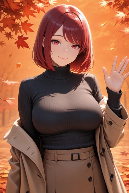 lazypos, 1girl, autumn, autumn leaves, black sweater, bob cut, breasts, brown coat, brown skirt, closed mouth, coat, large breasts, leaf, leaf background, long sleeves, looking at viewer, medium hair, off shoulder, orange background, red eyes, red hair, ribbed sweater, skirt, smile, solo, sweater, swept bangs, turtleneck, turtleneck sweater, upper body, waving <lora:TrendCraft_The_Peoples_Style_Detailer-v2.1A-3_12_2025-JANKU:0.2>