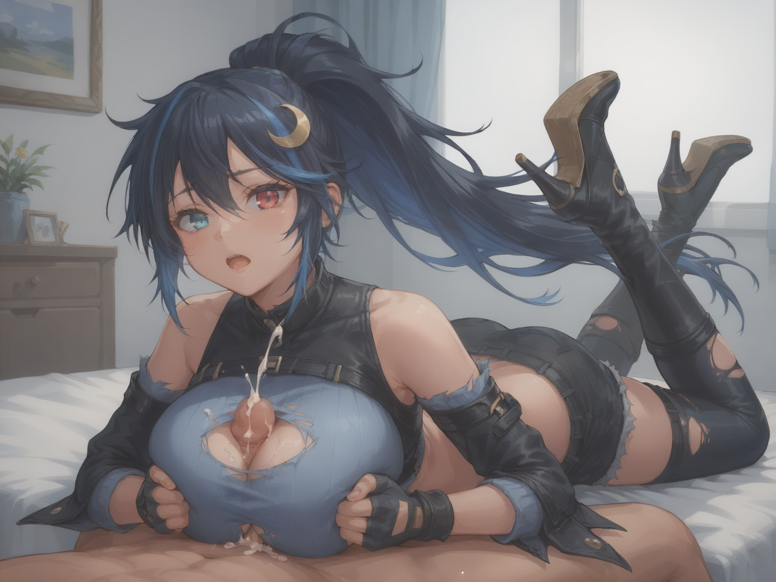 score_9,score_8_up,score_7_up,score_6_up,1girl,lying on boy's body,large breasts,blush,clothing cutout,paizuri,penis,cum,open mouth,hetero,heterochromia,looking at viewer,close up,indoors,bed sheet,<lora:yaohu1:0.5>,yaohu1,ponytail,long hair,multicolored hair,black hair,blue hair,streaked hair,hair between eyes,hair ornament,crescent,jewelry,crop top,jacket,breasts,torn clothes,gloves,fingerless gloves,detached sleeves,detached sleeves,navel,midriff,shorts,belt,single pantsleg,asymmertical legwear,high heels,high heel boots,black footwear,<lora:Smooth Style 2 SDXL_LoRA_Pony Diffusion V6 XL:0.4>,<lora:add-detail-xl:2>,