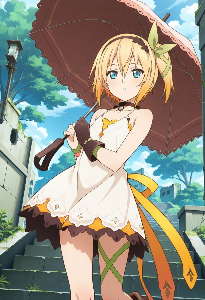 detailed eyes, beautiful, detailed background, perfect eyes,
source_anime, very aesthetic, anime coloring,
<lora:HandFineTuning_XL:1>
BREAK,
outdoor, ruins, trees. stairs,
cowboy shot, flat chest,
dynamic angle, full body,
BREAK,
<lora:edna_illustrious_v01:0.9>
ednabase, short hair, blonde hair, multicolored hair, orange hair, blue eyes, hair between eyes, bow hairband, hair bow, hair ribbon, side ponytail,
white dress, sleeveless dress, single glove,
boots, leg ribbon, umbrella,