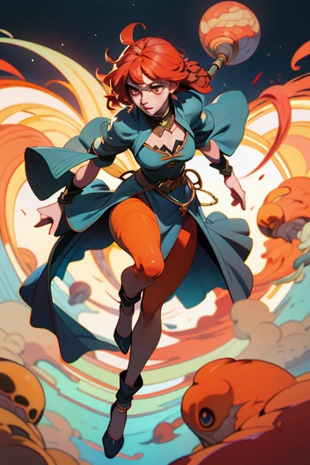 mage, Gothic of a Musician, Braid Out hair , powerfull sorceress, irredescent orange gold eyes, red hair<lora:mage:0.7> masterpiece, full body, floating