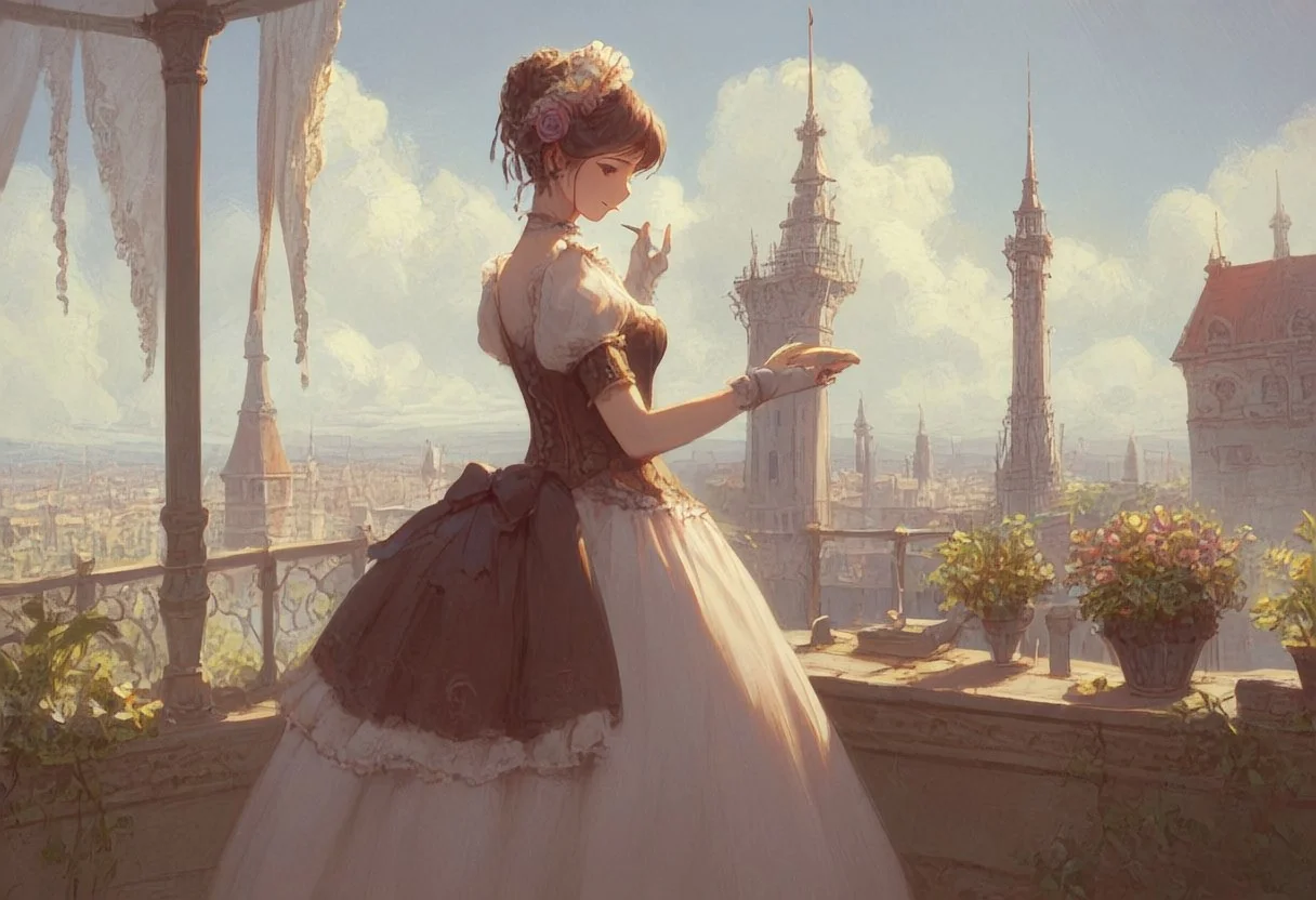 score_9, score_8_up, score_8. score_9, score_8_up, score_7_up, masterpiece, 4k, high quality, (best quality:1.1),anime, beautiful drawing, In the heart of a bustling steampunk Victorian city, a woman in an exquisite, elaborate dress stands amidst the crowd. Her eyes are fixed on a street musician, his melodies weaving through the industrial noise, his face radiating joy. The scene captures the stark contrast between the city's mechanical progress and the beauty of nature. This vivid picture, perhaps a painting, exudes lush detail: the intricate gears of the woman's attire, the musician's genuine smile, and the fusion of cityscape and greenery in the background. The image is a masterpiece, skillfully blending nostalgia, whimsy, and urban grit.