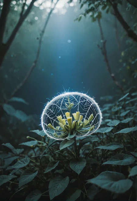score_9, score_8_up, score_7_up zPDXL3 (otherworldly spider) with a white smooth body, medium size, smooth legs , sparkling web, jeweled abdomen, located in a mystical garden, featuring enchanted plants, glowing webs, soft lighting, and a magical ambiance, at night zPDXLrl