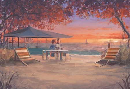"beautiful evening beach scene on the southern coast of Russia in the style of 'Everlasting Summer', stunning red sunset, vivid red and orange hues in the sky, soft warm light reflecting off the gentle waves, a few lush green birch trees to the side, golden sandy shore, scattered seashells glistening in the fading light, calming and serene atmosphere, soft breeze rustling through the leaves, distant seagulls flying over the horizon, small bonfire with warm glow illuminating the sand, cozy beach chairs and a surfboard leaning against a birch tree, a couple of lanterns casting soft shadows, gentle lapping of waves on the shore, romantic and inviting ambiance, highly detailed, vibrant colors, ultra-high-definition, cinematic composition, digital painting, visual novel style, inspired by 'Everlasting Summer'"