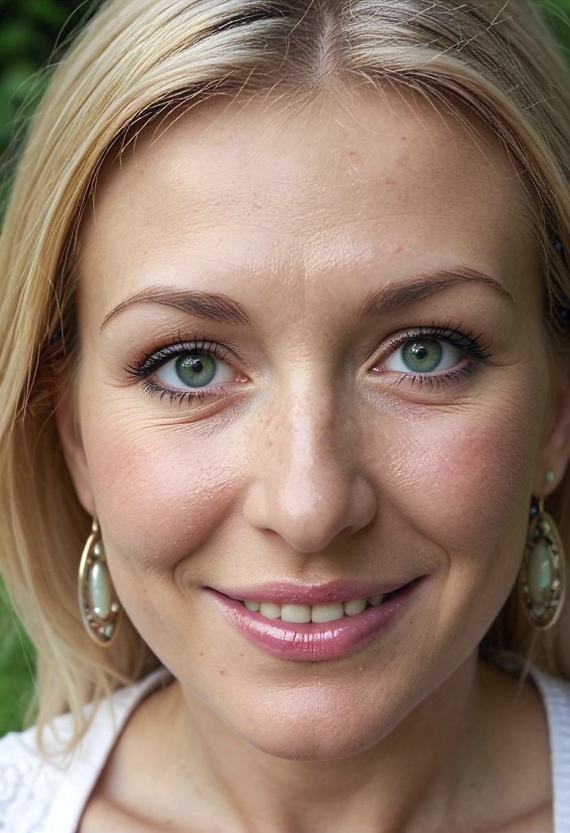 annabelle woman, mature woman, milf, 1girl, solo, portrait, earrings, jewelry, realistic, green eyes, looking at viewer, smile, old woman, blonde hair, lips, old, detailed skin  <lora:anabelle-remix-v3:1> (outdoors:1.2)