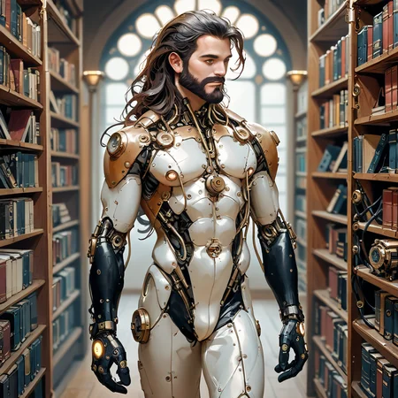 score_9,score_8_up, <lora:Reelmech_pony_ed_v1_3:1> mechanical parts, reelmech, (full-body view ), science fiction, realistic, cable, wires, joints, body suit, an archmage male is searching books in library, steampunk long beard, long hair