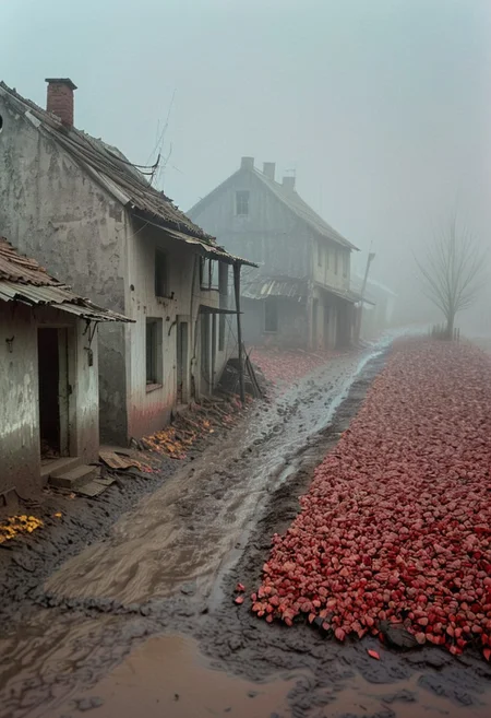 easynegative, Radiant Darkness, soaked_brand_pfeffi_KB, old photo, film grain, grey, BREAK, village, decrepit houses, loneliness, fog, autumn, mud, barren earth, leaves