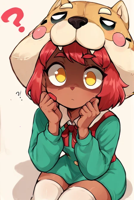 score_9, score_8_up, score_7_up, <lora:shinita:1> shinita , 1 girl , dark-skinned female, red hair, no pupils, green dress, long sleeves, white thighhighs, red ribbon, shaded face, ,dog headwear , confused, looking at viewer, randoseru, heart, <lora:Aer0Zer0_Artist_Style:1>