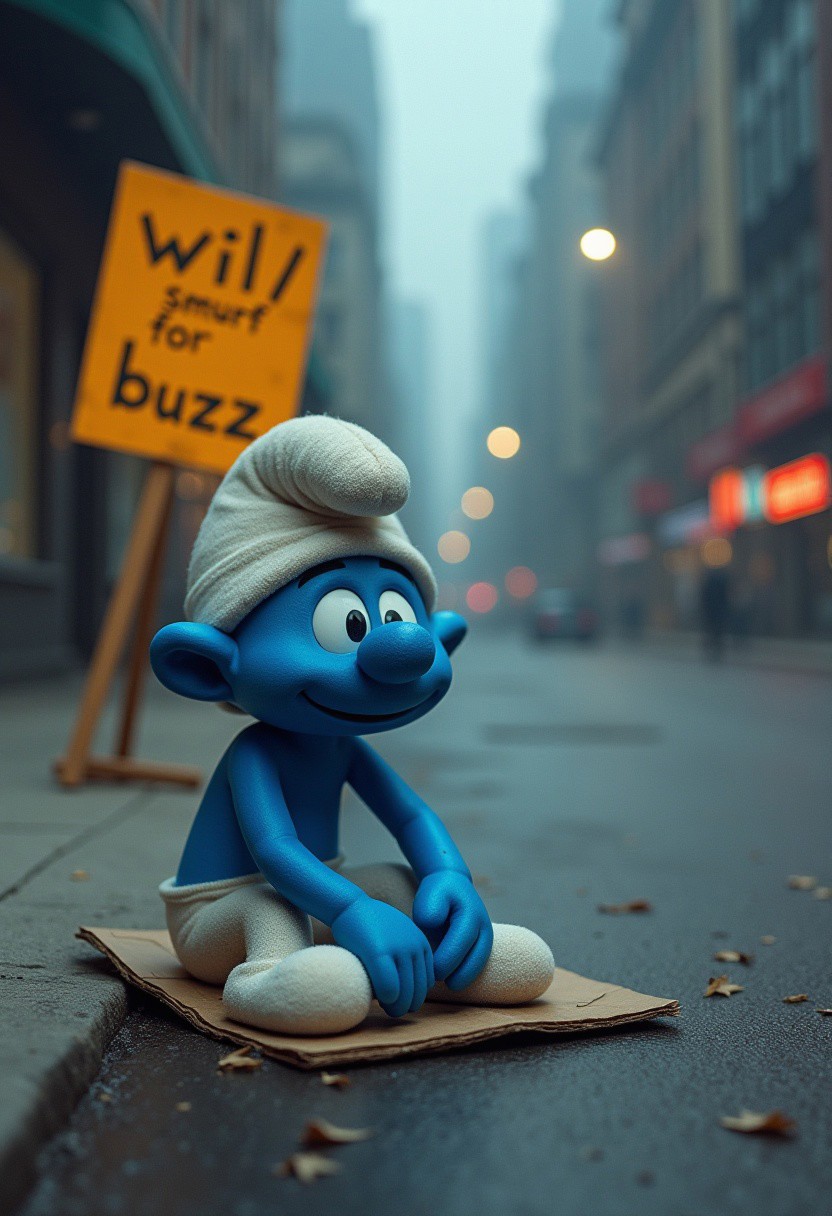 masterpiece, best quality, highly detailed, score_9, score_8_up, score_7_up, 
BREAK, 70mm lens, full-color photograph, shadows, cinematics lighting, volumetric lights, realistic lights, three quarter view, film grain, 
photograph of a tiny blue smurf, looking desolate, in an empty city, sitting on a piece of cardboard, a huge sign next to him that says "will smurf for buzz"