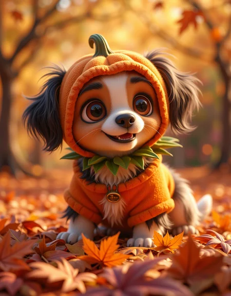 A tiny, fluffy puppy wearing a pumpkin costume with a green leaf collar, sitting on a bed of autumn leaves. The puppy has big, expressive eyes and looks ready for Halloween fun. Adorable and heartwarming, 4K.
<lora:Cute_3d_Cartoon_Flux:0.6>