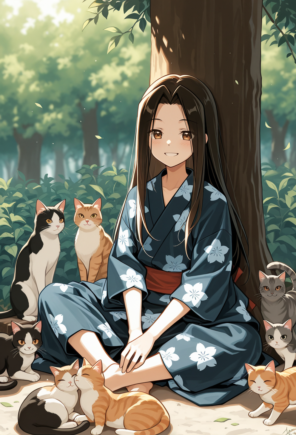 masterpiece, best quality, high quality, anime, solo, <lora:AEHao:0.9> AEHao, brown eyes, brown hair, long hair, happy, smile, against tree, sitting, too many cats, floral print, japanese clothes, layered clothes, male, black kimono, indian style,