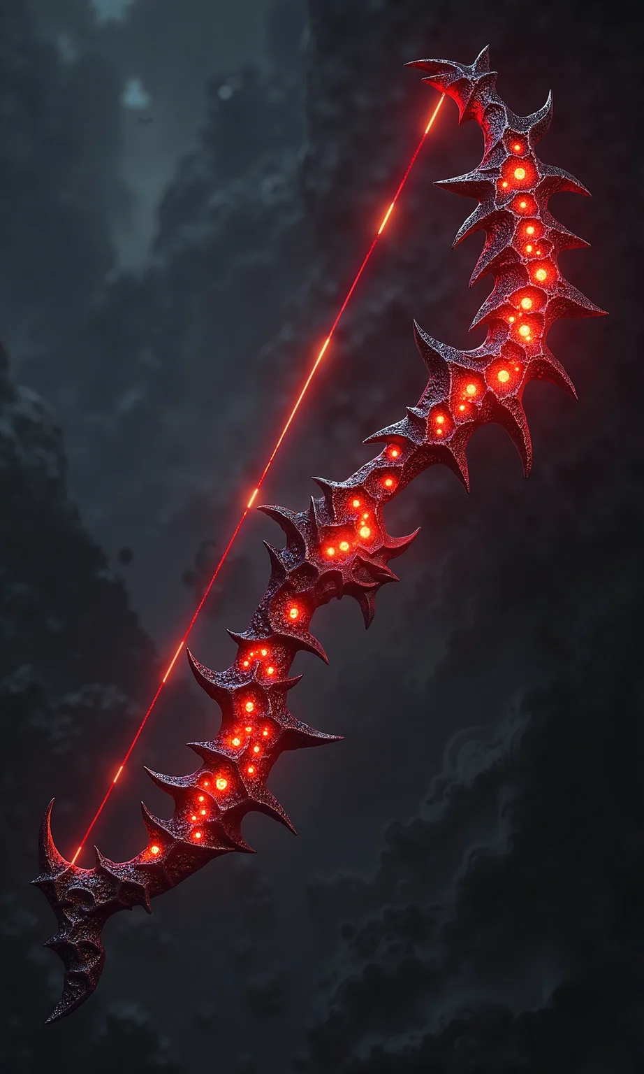 In a dark fantasy realm, a demonic metal bow exudes menace and infernal power. Forged from jagged, blackened steel twisted into a cruel, spiked form, the bow is adorned with glowing red spikes along its limbs, pulsing like embers from a cursed forge. Its string is a radiant, supernatural red cord of light, glowing with a fierce, unearthly intensity as if woven from pure demonic energy. The entire weapon radiates a malevolent aura, its design both elegant and brutal—perfectly suited for a dark archer bound to the will of the abyss.