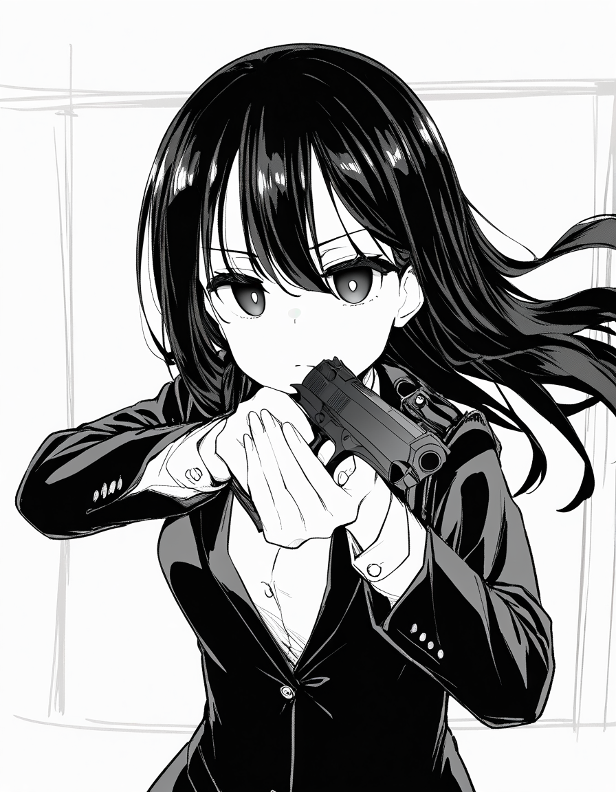 masterpiece, best quality, newest, absurdres, highres, safe,, <lora:saki-yoshida-manga-ponyxl-lora-nochekaiser:1>, saki yoshida, long hair, hair between eyes, monochrome, greyscale, black hair, medium breasts, <lora:center-axis-relock-stance-illustriousxl-lora-nochekaiser:1>, center axis relock stance, looking at viewer, holding, closed mouth, weapon, holding weapon, gun, holding gun, handgun, aiming, finger on trigger, aiming at viewer, m1911,, ,