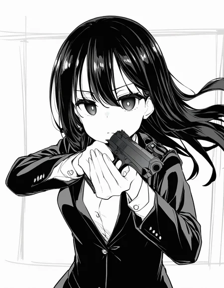 masterpiece, best quality, newest, absurdres, highres, safe,, <lora:saki-yoshida-manga-ponyxl-lora-nochekaiser:1>, saki yoshida, long hair, hair between eyes, monochrome, greyscale, black hair, medium breasts, <lora:center-axis-relock-stance-illustriousxl-lora-nochekaiser:1>, center axis relock stance, looking at viewer, holding, closed mouth, weapon, holding weapon, gun, holding gun, handgun, aiming, finger on trigger, aiming at viewer, m1911,, ,