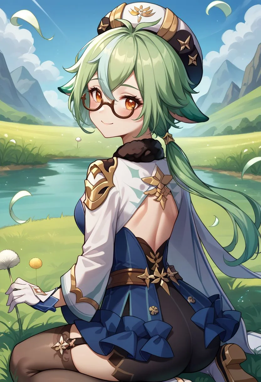 score_9, score_8_up, score_7_up, source_anime, 1girl, sucrosedef, orange eyes, green hair, multicolored hair, hair between eyes, long hair, ponytail, animal ears, glasses, semi-rimless eyewear, hat, beret, fur collar, vision (genshin impact), blue dress, gold trim, cape, long sleeves, white gloves, garter straps, black thighhighs, knee boots, white footwear, wariza, kneeling, closed mouth, smile, blush, looking at viewer, outdoors, grass, lake, wind, dandelion, dandelion seed, portrait, close-up, upper body, from behind, back, looking back, <lora:Sucrose_v1-000010:1>