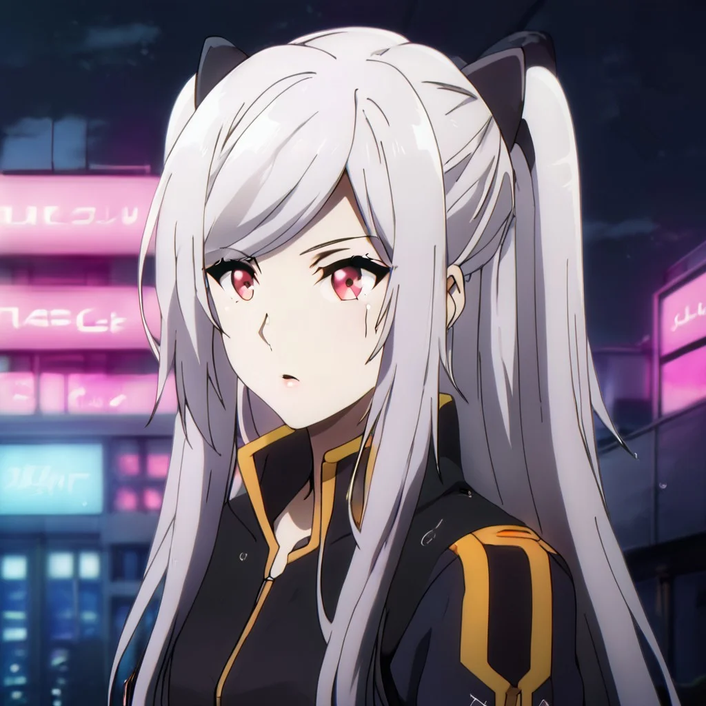 Black hair ribbon, gray hair, long hair, twintails, red eyes, large breasts, two side up, single hair bun, ponytail, wearing a futuristic battle suit with neon accents, standing on a high-tech rooftop in a cyberpunk city, neon lights reflecting off the rain-soaked streets, high-tech drones flying above, sci-fi atmosphere
