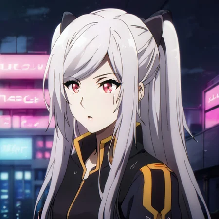 Black hair ribbon, gray hair, long hair, twintails, red eyes, large breasts, two side up, single hair bun, ponytail, wearing a futuristic battle suit with neon accents, standing on a high-tech rooftop in a cyberpunk city, neon lights reflecting off the rain-soaked streets, high-tech drones flying above, sci-fi atmosphere