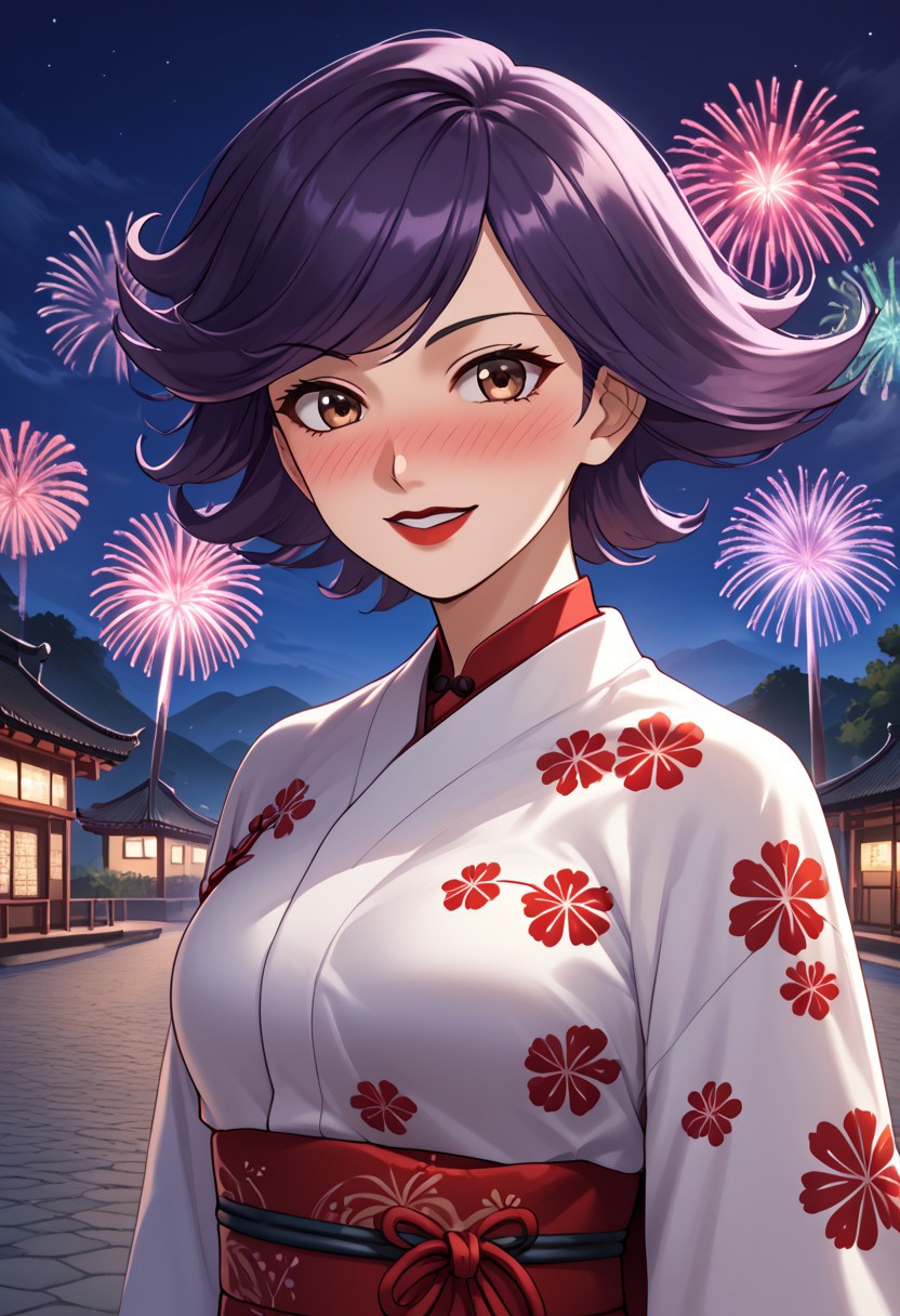 score_9,score_8_up,score_7_up,source_anime,5_figner,2d_animation,game cg,BREAK,1girl,solo,18 years old,sagami_kei,short hair,swept bangs,purple hair,brown eyes,red lips,red yukata,floral print,yellow obi,japanese clothes,sash,transparent,
sandals,
medium breasts,smile,front view,upper body,looking at viewer,full-face blush,
summer festival,traditional Japanese lanterns, food stalls,night sky, fireworks, 
masterpiece,best qualit,ultra-detailed,illustration,an extremely delicate and beautiful,beautiful detailed eyes,unity 8k wallpaper,high resolution,anime CG,official_art,