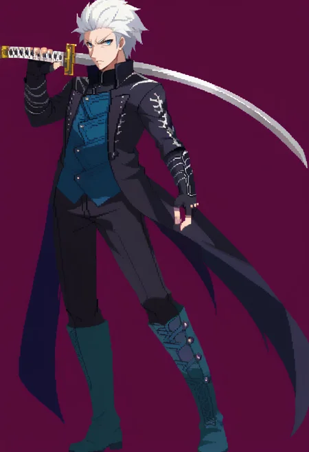 score_9, score_8_up, score_7_up, source_anime, BREAK, solo, 1boy, <lora:Dengeki_Bunko-pdxl_Fp:1>, simple background, full body, standing, looking at viewer, <lora:dmc5_vergil_ponyXL:1>, dmc5vergil, black coat, fingerless gloves, pants, white hair, blue eyes, looking to the side, boots, black pants, holding sword, katana,