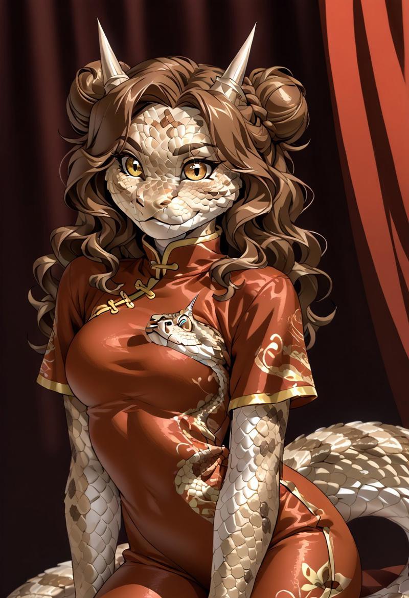 score_9, score_8_up, score_7_up, (by jailbird:1.5), (by kittydee:1.5), (by zummeng:1.5), masterpiece, best quality, (solo),  
(Furry Art: anthro: saharan horned viper:1.5), 1girl, expressive eyes, feminine eyes, <lora:beautiful_detailed_eyes:1>, perfect face, snake, reptile, horned eyebrows, scales, multicolored scales, light brown scales, brown spots, white scales, snake eyes, yellow eyes, (brown hair:1.5), (wavy hair), (chinese hair buns), medium breasts, (chinese style shirt:1.5), (tight pants:1.5),