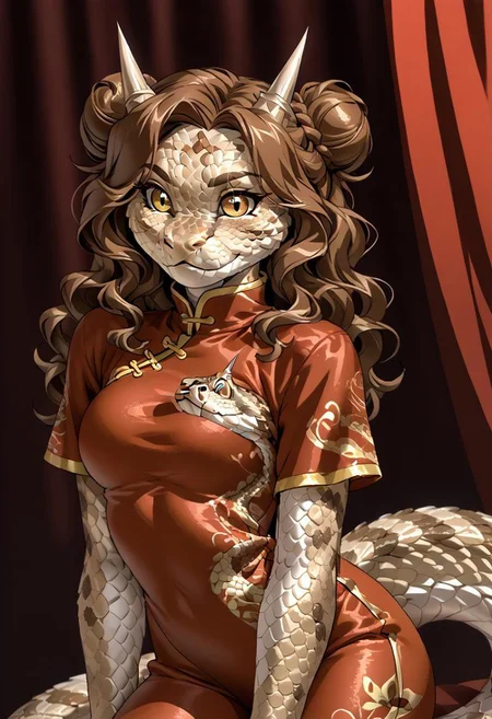 score_9, score_8_up, score_7_up, (by jailbird:1.5), (by kittydee:1.5), (by zummeng:1.5), masterpiece, best quality, (solo),
(Furry Art: anthro: saharan horned viper:1.5), 1girl, expressive eyes, feminine eyes, <lora:beautiful_detailed_eyes:1>, perfect face, snake, reptile, horned eyebrows, scales, multicolored scales, light brown scales, brown spots, white scales, snake eyes, yellow eyes, (brown hair:1.5), (wavy hair), (chinese hair buns), medium breasts, (chinese style shirt:1.5), (tight pants:1.5),