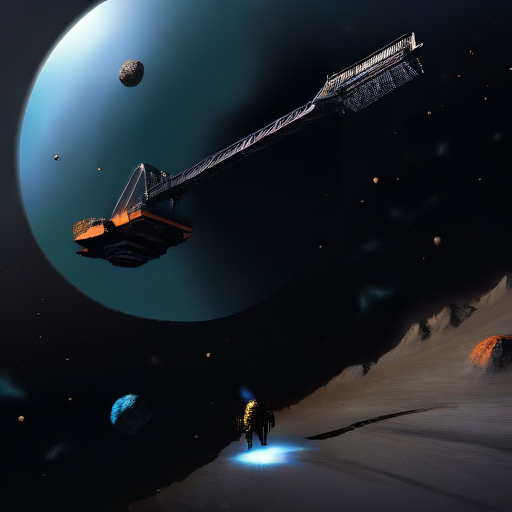 In the mining operation within Odysset's rings, massive platforms and interconnected structures sprawl across the cosmic expanse. Bright floodlights cut through the darkness, revealing workers clad in rugged space suits maneuvering among towering cranes and robotic arms. Transport vessels dart back and forth against the backdrop of the star-studded void, ferrying payloads of ore to processing facilities stationed on nearby asteroids. The scene is a symphony of activity amidst the celestial silence, with the distant glow of the planet Odysset providing a serene backdrop to the bustling industrial operation., BREAK, (sci-fi, futuristic, space, asteroid:1.4), BREAK, <lora:detailed_notrigger:1>,   <lora:Expanse_Science_Fiction_Comic_Style_SDXL:1> expnscom