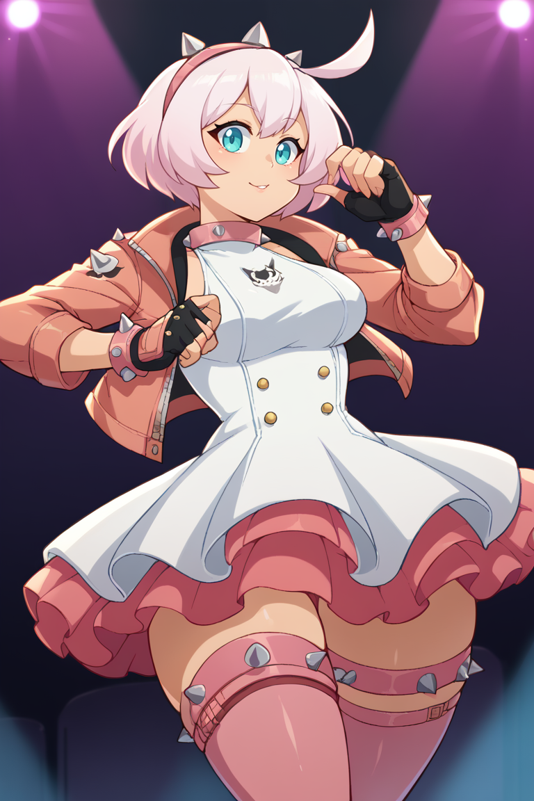 score_9, score_8_up, score_7_up, BREAK, <lora:manyakis-guy-PONYv1:1>, 1girl, solo, breasts, <lora:guiltygear_strive_elphelt_ponyXL:0.95> striveelphelt, ahoge, hairband, jacket, dress, fingerless gloves, pink thighhighs, spiked collar, spiked bracelet, stage, stage lights, indoors,